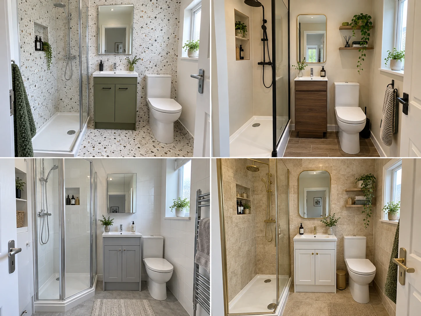 Compact shower room with light terrazzo walls, olive vanity, chrome fittings